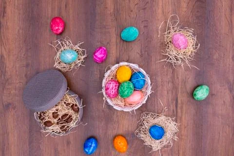 Assortment of easter eggs on a wooden table Stock Photos