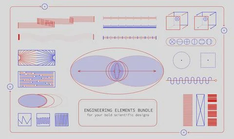 An assortment of engineering diagrams and wave patterns in red and blue on a Stock Illustration