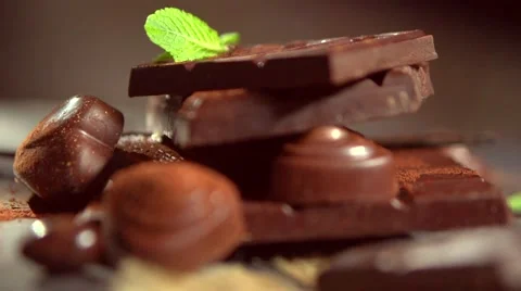 Assortment of fine chocolates in dark and milk chocolate with vanilla and mint Stock Footage 50045194