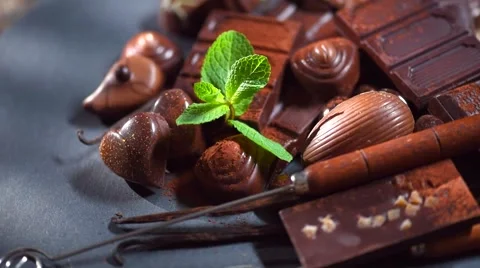 Assortment of fine chocolates in dark and milk chocolate with vanilla and mint Vídeo Stock 50048863