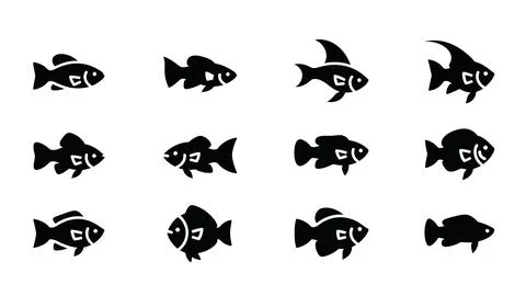 Assortment of fish vector symbols, simple outline icons for aquatic themes. Stock Illustration