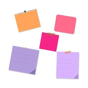 Assortment of five colorful sticky notes with lines, pinned and taped, isol.. Stock Illustration