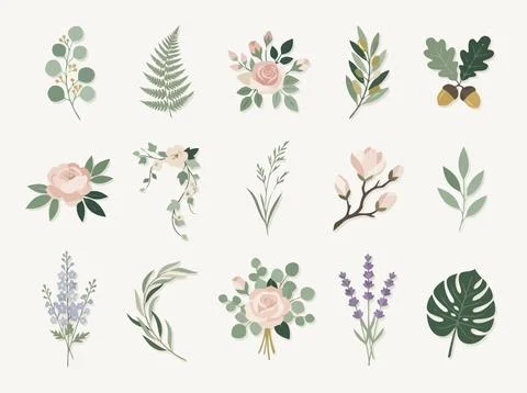 Assortment of Flat Design Botanical Illustrations: Diverse Floral and Leaf .. 스톡 일러스트