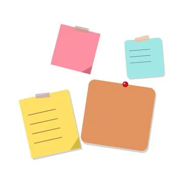 Assortment of four brightly colored sticky notes with tape and a pushpin on.. Stockillustratie