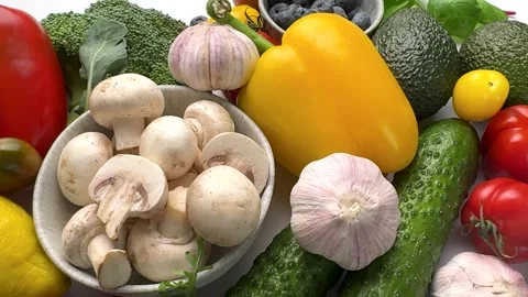 Assortment of fresh raw vegetables and fruits Stock Footage 330052981