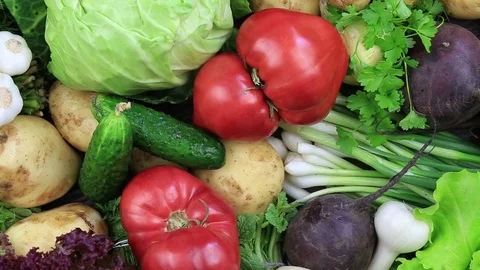 Assortment of fresh raw vegetables arranged, rotates Video stock 81852498
