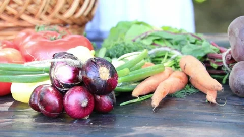 Assortment of fresh raw vegetables that includes carrot onion beetroot cabbage Stock Footage 202609006