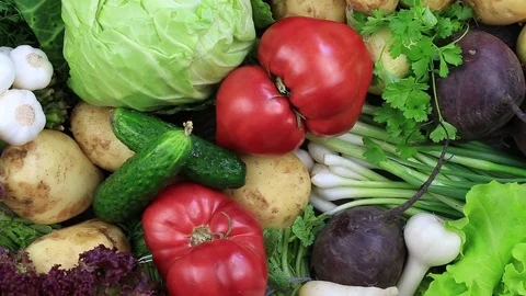 Assortment of fresh raw vegetables, rotates, close up Stock Footage 77468254