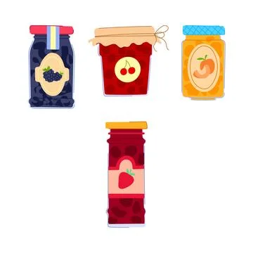 Assortment of fruit jam jars for breakfast Stock Illustration