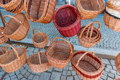 Assortment of Handcrafted Wicker Baskets on Display Stock Photos
