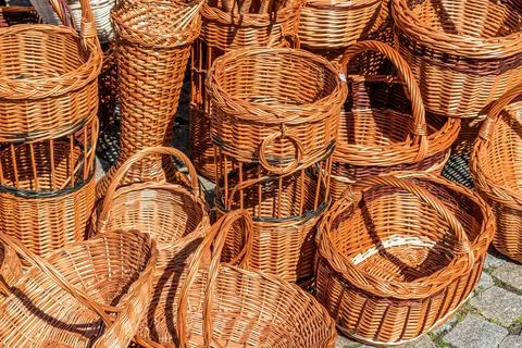 Assortment of Handcrafted Wicker Baskets Stock Photos