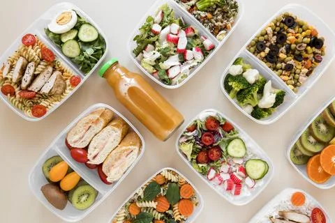 Assortment healthy food with drink Stock Photos