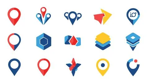 Assortment of map pointer icons and abstract directional shapes for locatio.. Stock Illustration