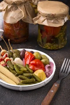 Assortment of marinated or pickled vegetable. Stock Photos