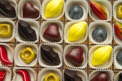 Assortment of multi-colored exquisite chocolates, candy chocolate Stock Photos