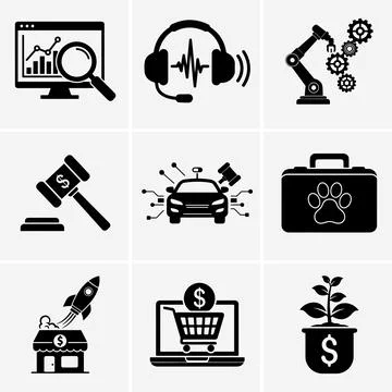 An assortment of nine distinct black vector icons, featuring business analyti Stock Illustration
