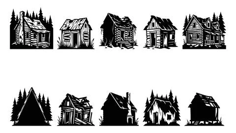 Assortment of old forest cabins and weathered wooden homes in woods Stock Illustration