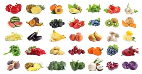 Assortment of organic fresh fruits and vegetables on white background. Banner Stock Photos