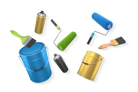 Assortment of paint brushes, rollers, cans, and spray paint isolated on whi.. Illustration