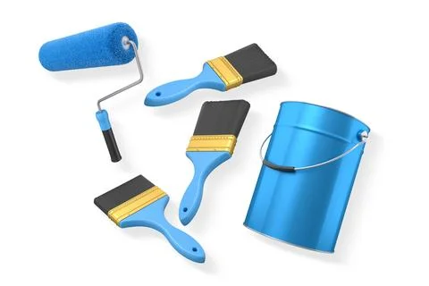 Assortment of paint brushes, rollers, cans, and spray paint isolated on white Illustration