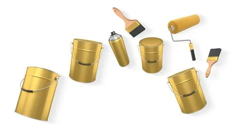 Assortment of paint brushes, rollers, cans, and spray paint isolated on white Illustration