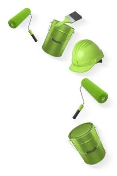 Assortment of paint brushes, rollers, cans, and spray paint isolated on white Illustration