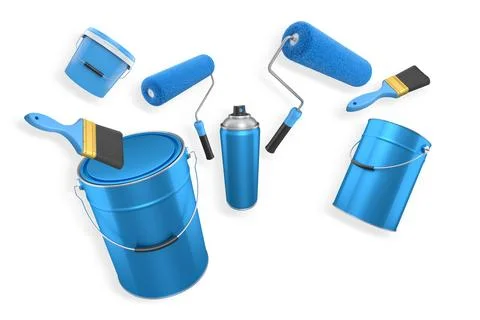 Assortment of paint brushes, rollers, cans, and spray paint isolated on whi.. Illustration