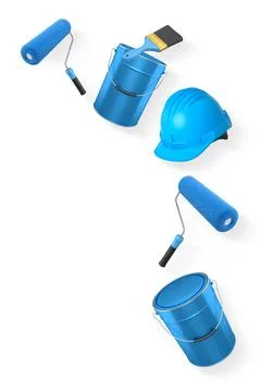 Assortment of paint brushes, rollers, cans, helmet and spray paint isolated o Illustration