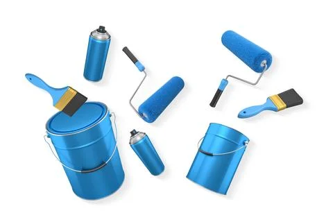 Assortment of paint brushes, rollers, cans, and spray paint isolated on whi.. Illustration