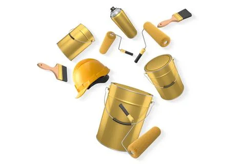 Assortment of paint brushes, rollers, cans, and spray paint isolated on whi.. Illustration