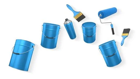 Assortment of paint brushes, rollers, cans, and spray paint isolated on whi.. Illustration