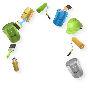 Assortment of paint brushes, rollers, cans, and spray paint isolated on whi.. Illustration