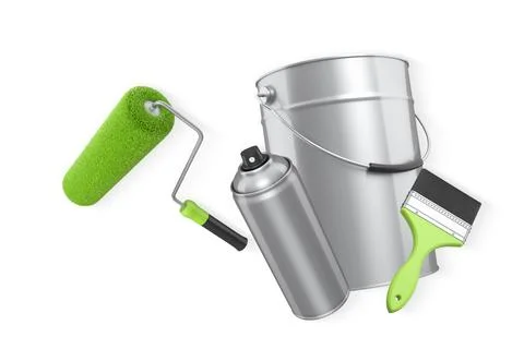 Assortment of paint brushes, rollers, cans, and spray paint isolated on white Stock Illustration
