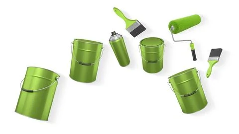 Assortment of paint brushes, rollers, cans, and spray paint isolated on whi.. Illustration