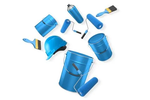 Assortment of paint brushes, rollers, cans, and spray paint isolated on white Stock Illustration