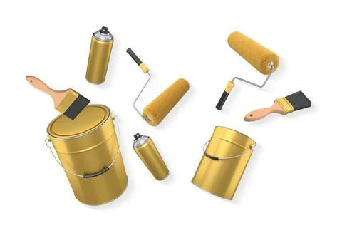 Assortment of paint brushes, rollers, cans, and spray paint isolated on white Illustration