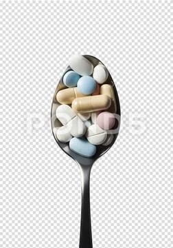 Assortment of pills on a spoon isolated PSD Template