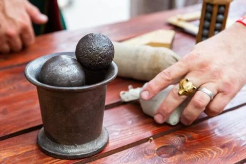 Assortment of projectile loading canon, round and heavy core, pouch shranpely Stock Photos