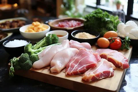 Assortment of raw meat in the kitchen and on the store window Panorama, banne Stock Photos