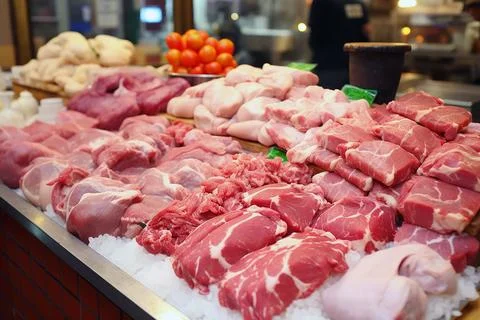Assortment of raw meat in the kitchen and on the store window Panorama, banne Stock Photos