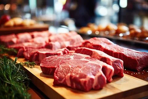 Assortment of raw meat in the kitchen and on the store window Panorama, banne Stock Photos