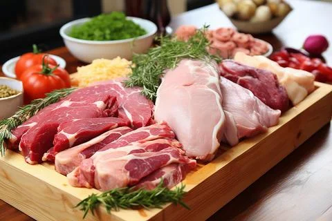 Assortment of raw meat in the kitchen and on the store window Panorama, banne Stock Photos