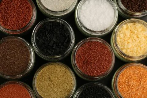 Assortment of salts. Close up Stock Photos