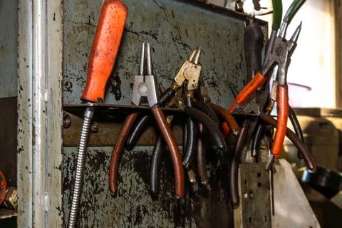 Assortment of snap ring pliers for internal and external circlip removal in Stock Photos