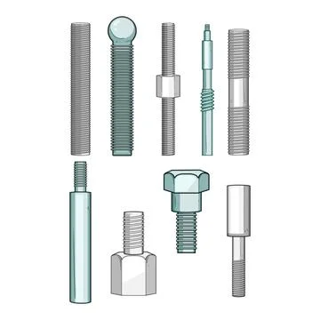 Assortment of threaded rods and fasteners elements Illustrazione stock