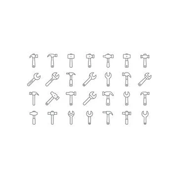 Assortment of tool icons including hammers and wrenches with line art Stock Illustration
