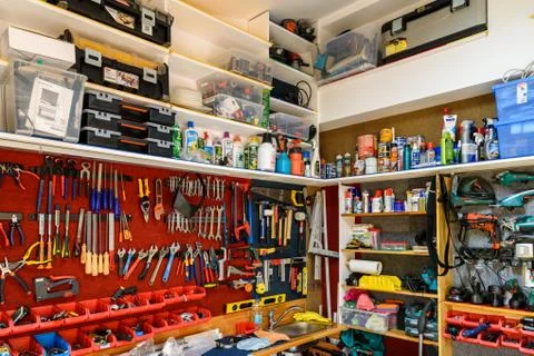 Assortment Of Tools In Tool Shed Workshop Stock Photos