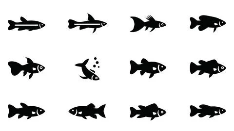 Assortment of twelve black fish vector icons with diverse body styles and f.. Stock Illustration
