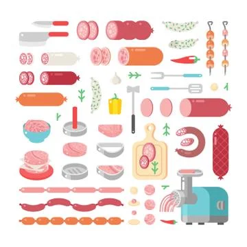 Assortment variety of processed cold meat products vector icons Stock Illustration