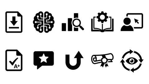 Assortment of vector icons for data, learning, and business processes. Illustrazione stock